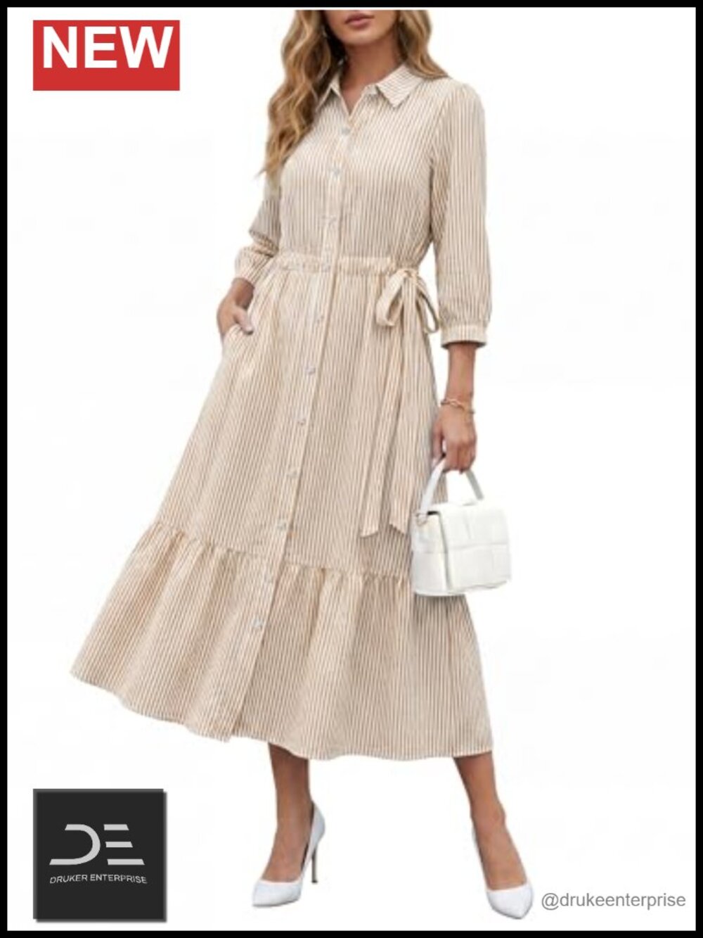 Women 3/4 Sleeve Striped Maxi Shirt Dress Button Drawstring Waist